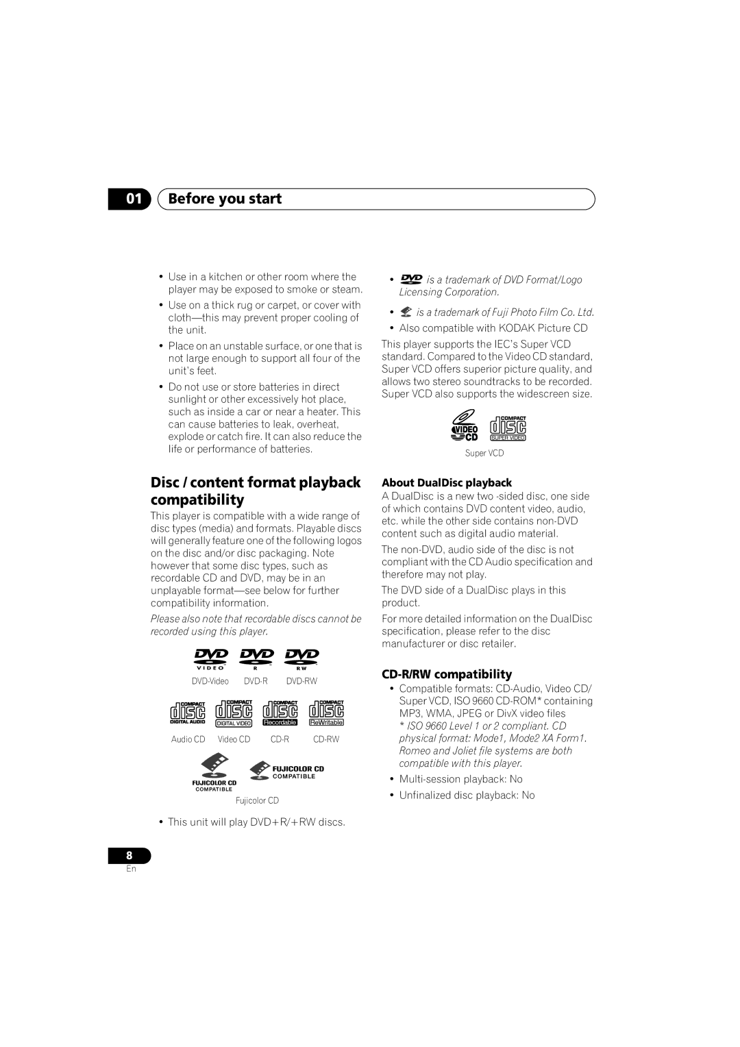 Pioneer DV-393-S manual Disc / content format playback compatibility, CD-R/RW compatibility 