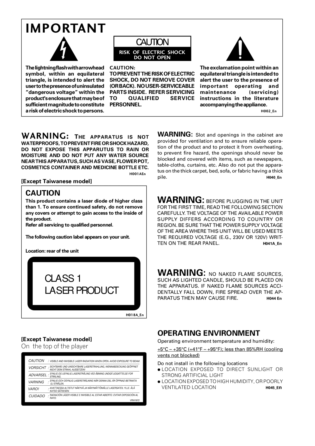 Pioneer DV-400-S operating instructions On the top of the player, Risk of Electric Shock Do not Open 