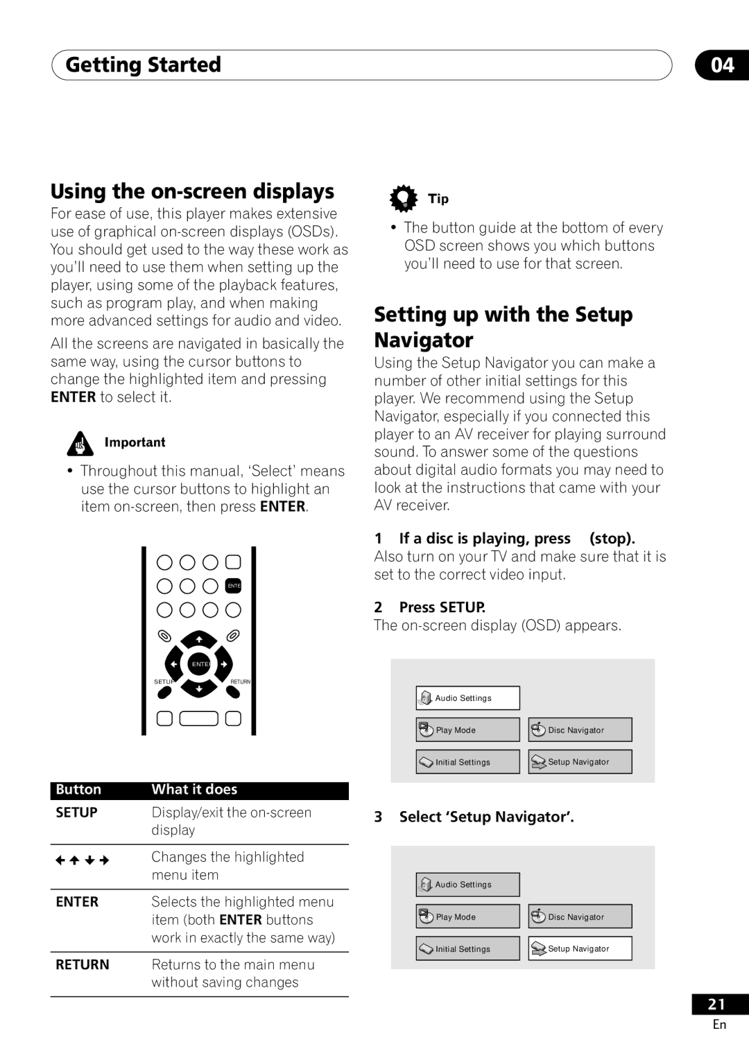 Pioneer DV-400-S operating instructions Getting Started Using the on-screen displays, Setting up with the Setup Navigator 