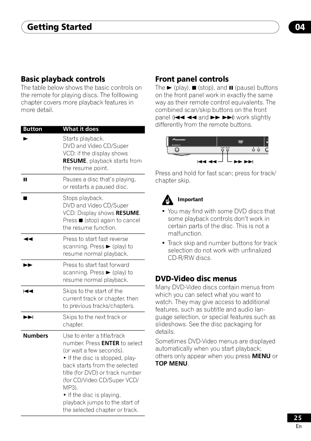 Pioneer DV-400-S operating instructions Basic playback controls, Front panel controls, DVD-Video disc menus, Stops playback 