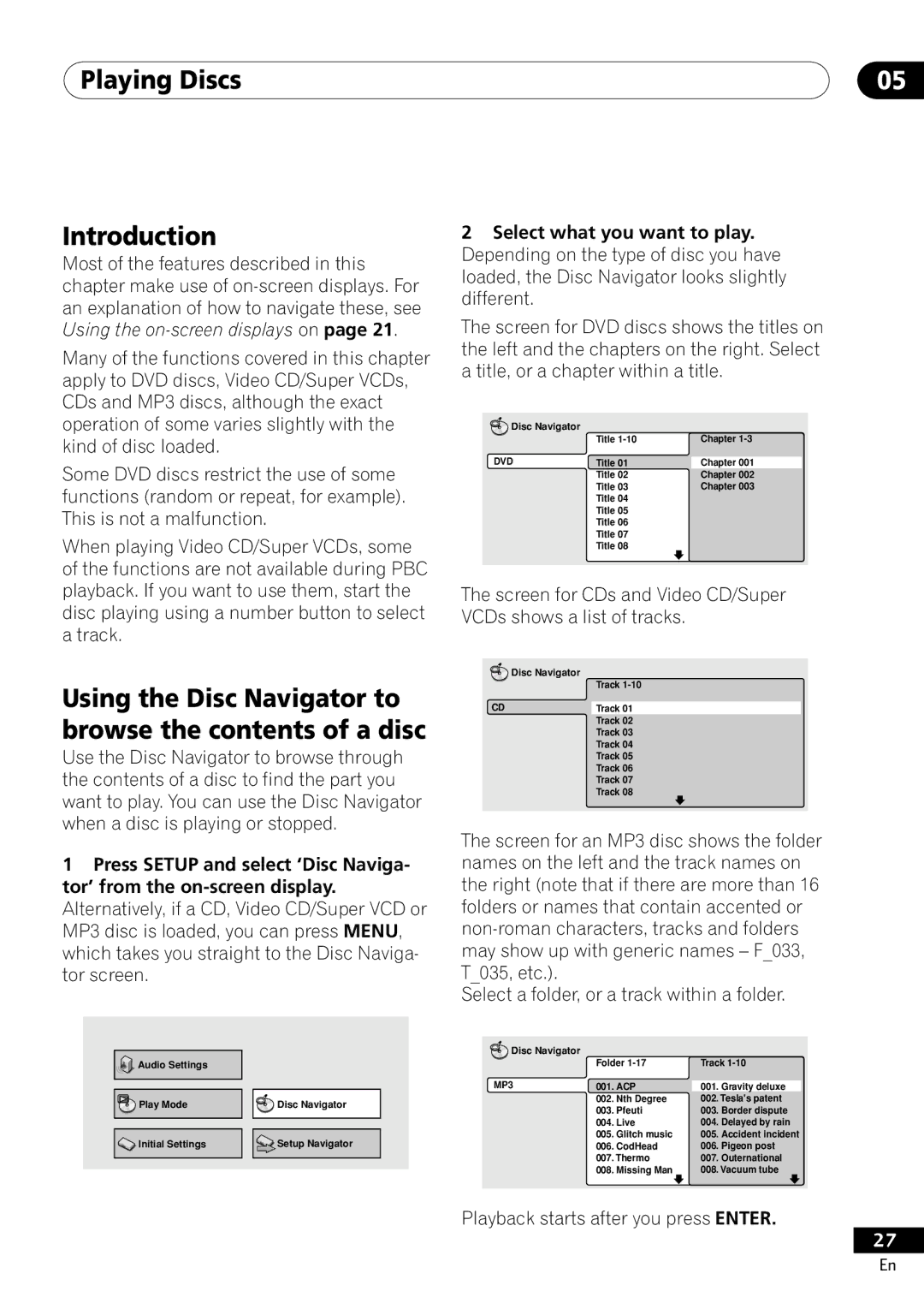 Pioneer DV-400-S Playing Discs Introduction, Using the Disc Navigator to browse the contents of a disc 