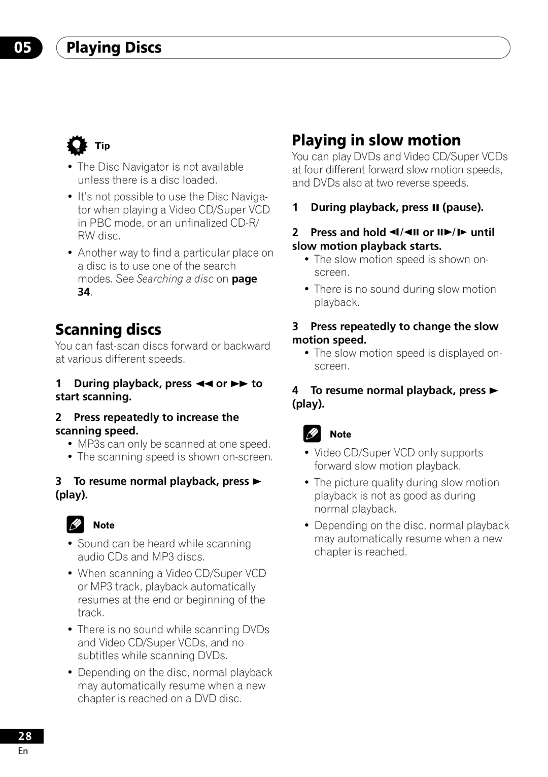 Pioneer DV-400-S operating instructions Scanning discs, Playing in slow motion, To resume normal playback, press Play 