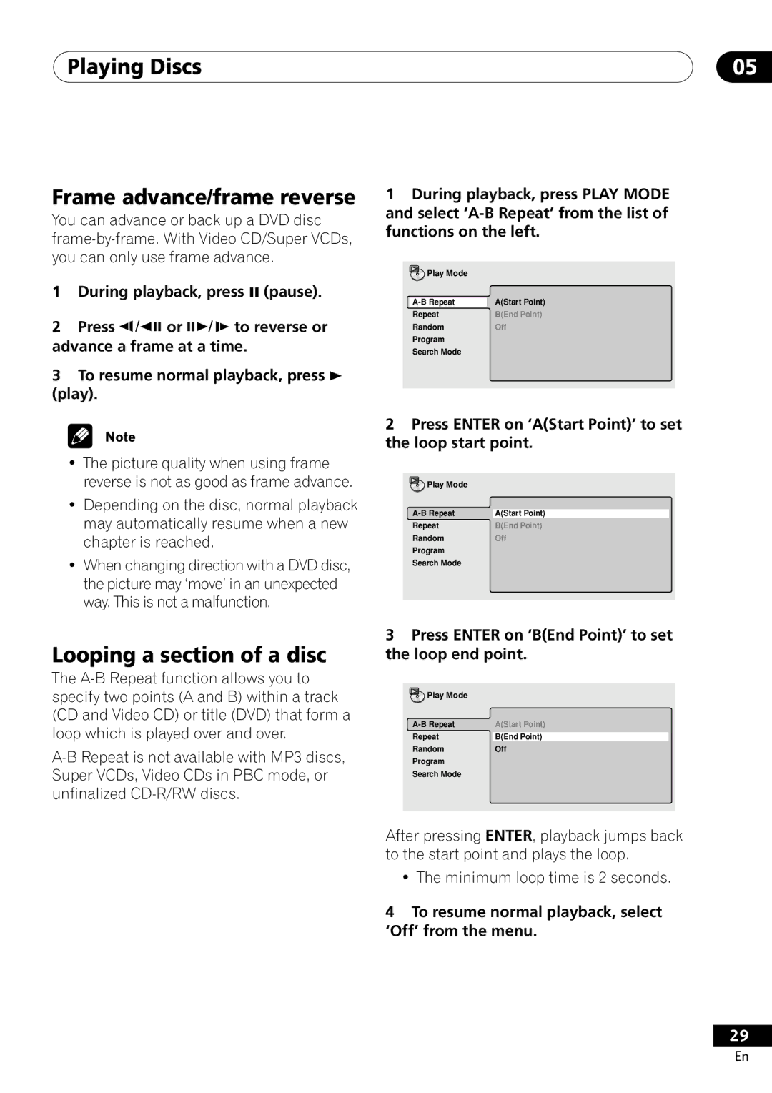 Pioneer DV-400-S operating instructions Playing Discs Frame advance/frame reverse, Looping a section of a disc 