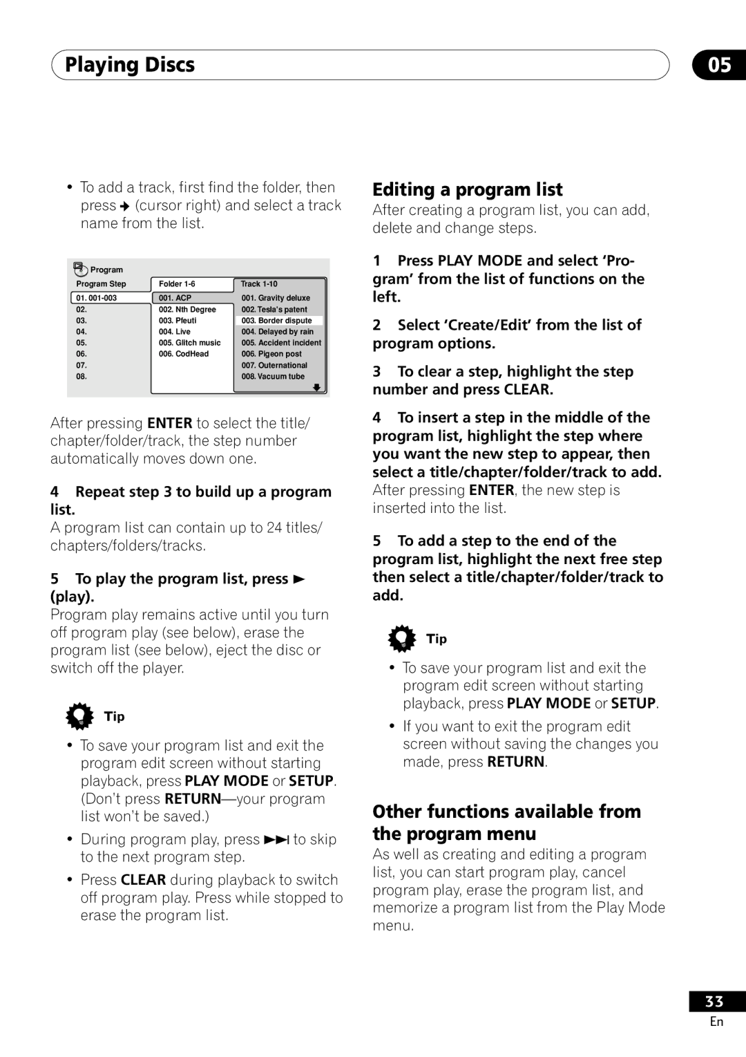 Pioneer DV-400-S operating instructions Editing a program list, Other functions available from the program menu 