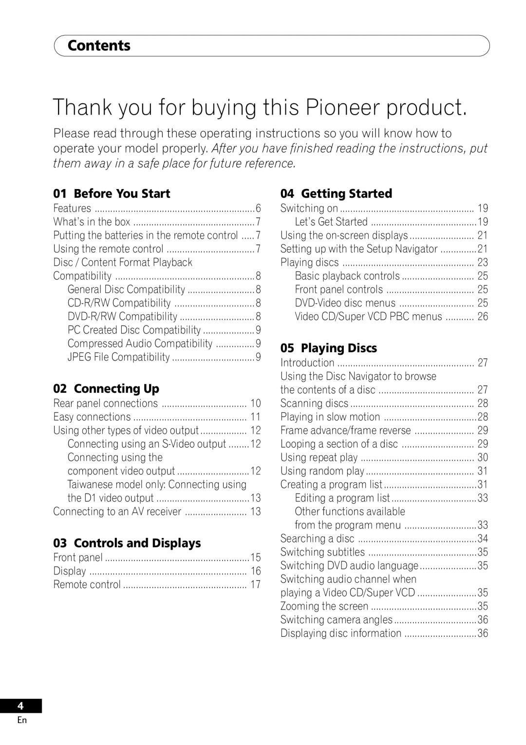 Pioneer DV-400-S operating instructions Thank you for buying this Pioneer product, Contents 