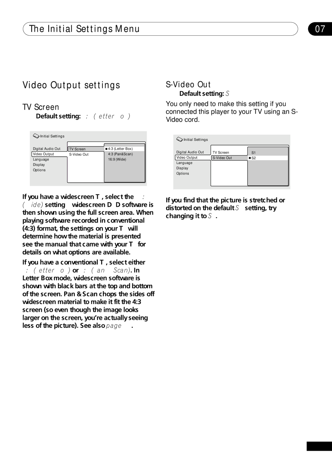 Pioneer DV-400-S Initial Settings Menu Video Output settings, TV Screen, Default setting 43 Letter Box, Default setting S2 