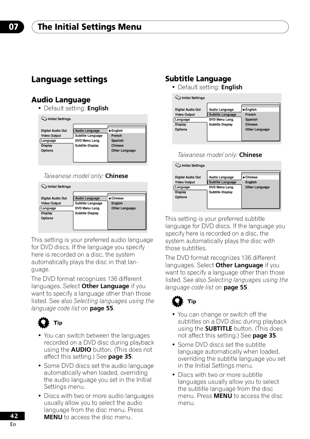 Pioneer DV-400-S Initial Settings Menu Language settings, Audio Language, Subtitle Language, Default setting English 