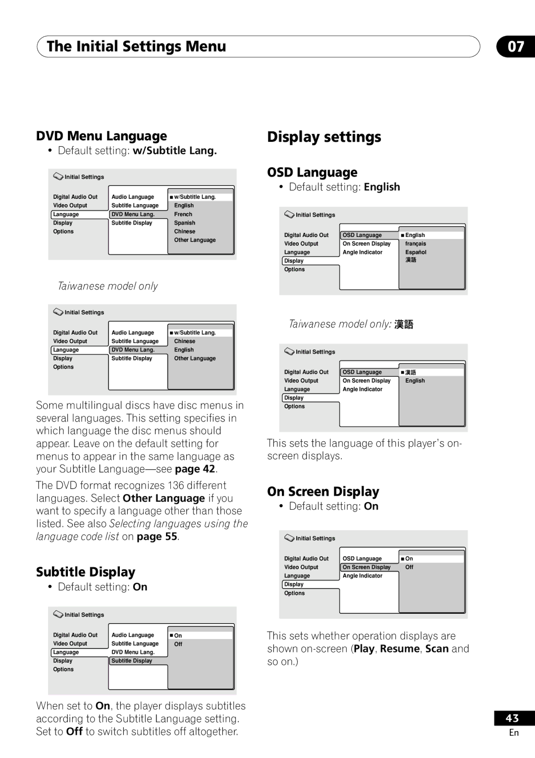 Pioneer DV-400-S Display settings, DVD Menu Language, Subtitle Display, OSD Language, On Screen Display 