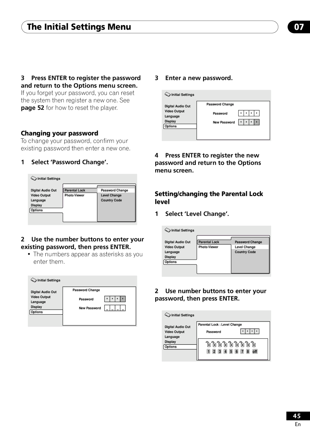 Pioneer DV-400-S Select ‘Password Change’, Numbers appear as asterisks as you enter them, Enter a new password 