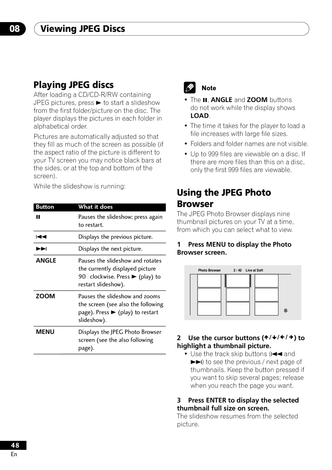 Pioneer DV-400-S operating instructions Viewing Jpeg Discs Playing Jpeg discs, Using the Jpeg Photo Browser 