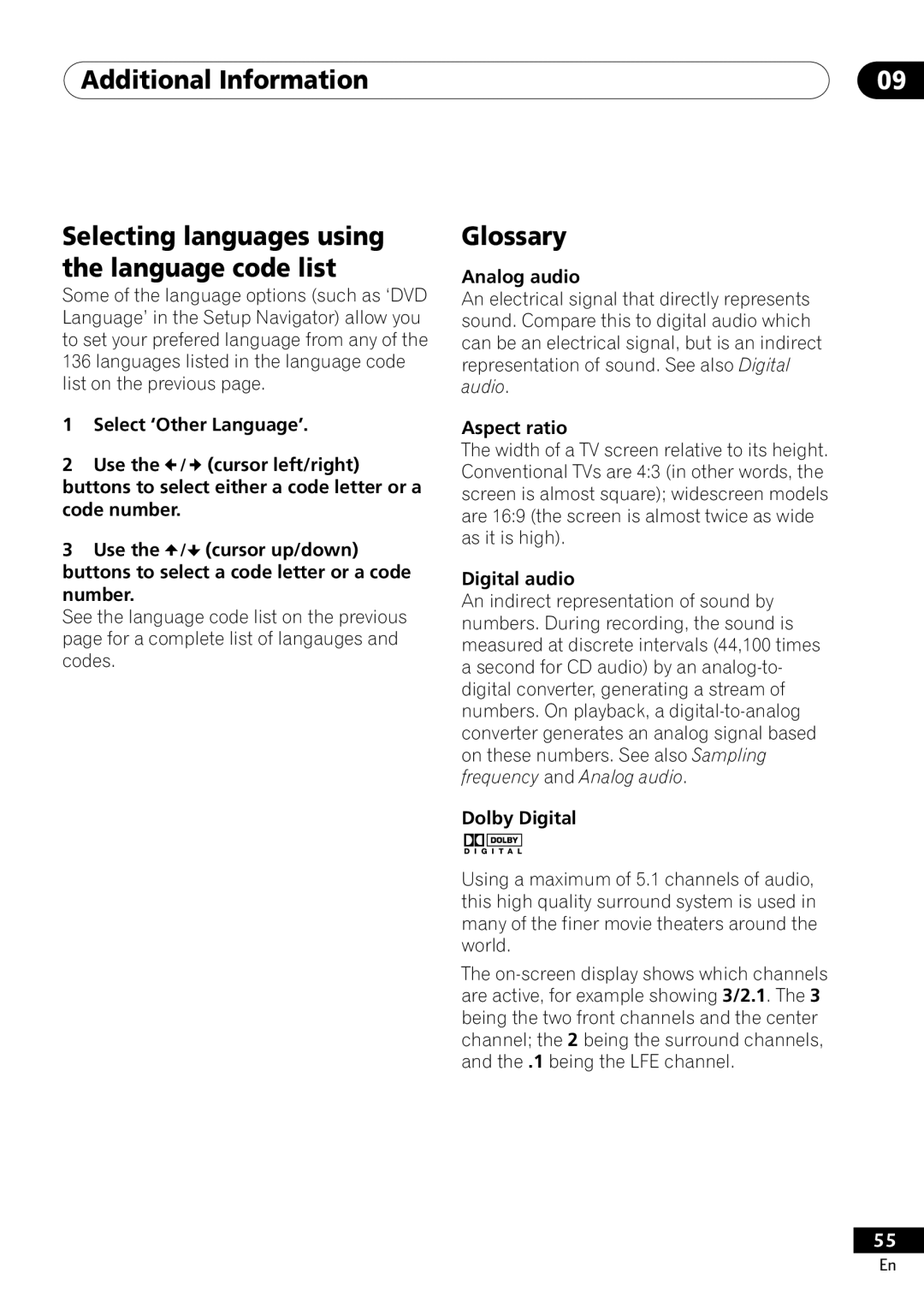 Pioneer DV-400-S operating instructions Glossary, Analog audio, Aspect ratio, Digital audio, Dolby Digital 