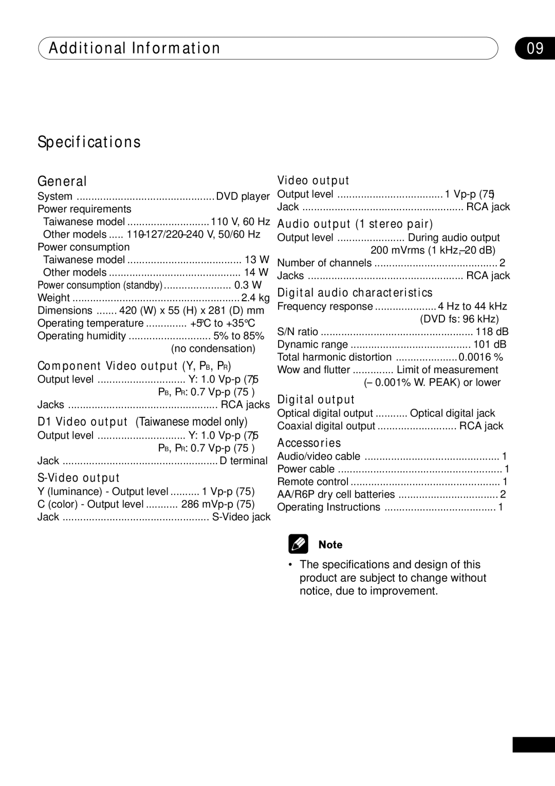 Pioneer DV-400-S operating instructions Additional Information Specifications, General 