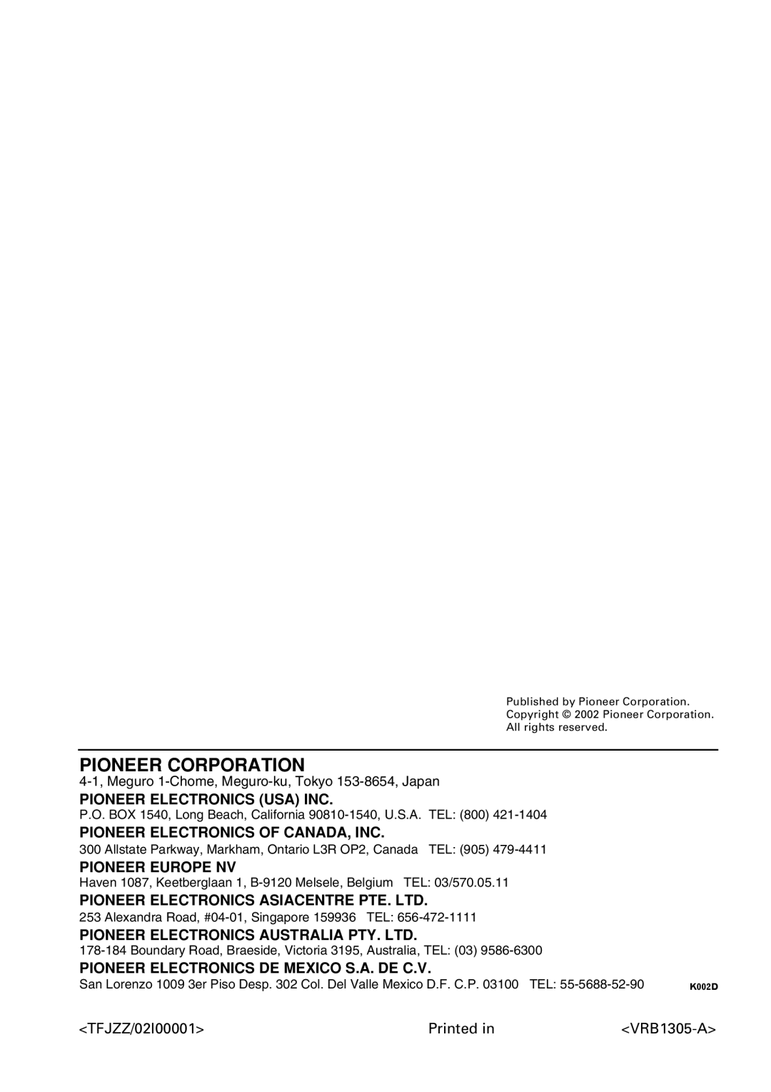 Pioneer DV-400-S operating instructions Pioneer Corporation, TFJZZ/02I00001 Printed 