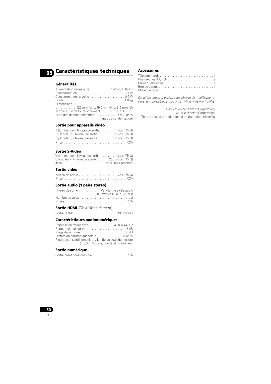 Pioneer DV-410V-K operating instructions Caractéristiques techniques 