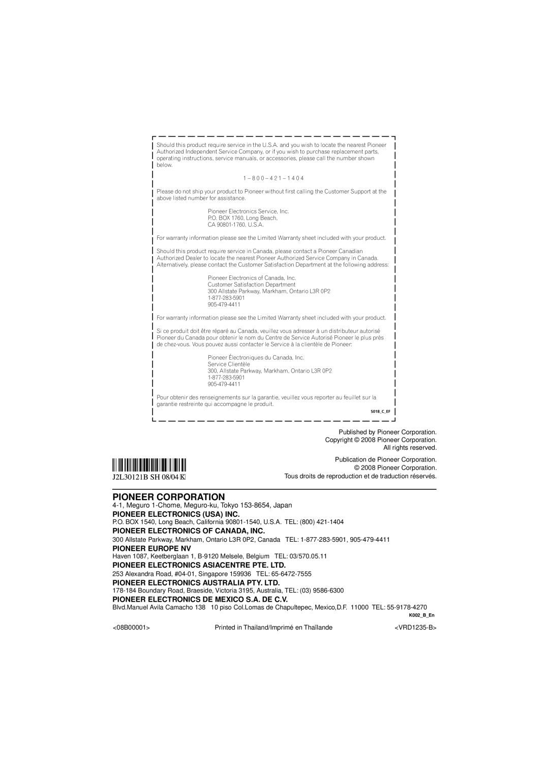 Pioneer DV-410V-K operating instructions Pioneer Corporation 