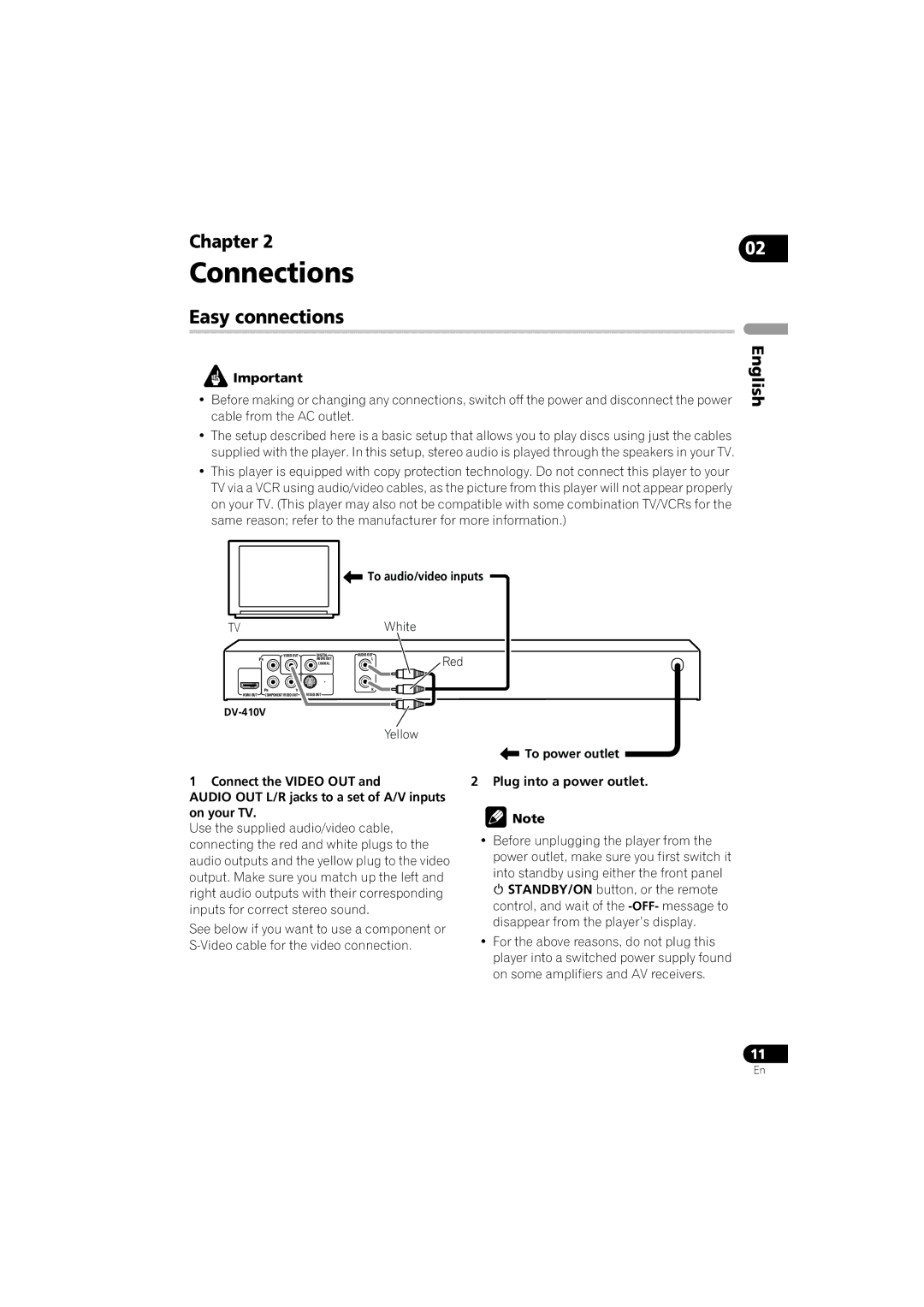 Pioneer DV-410V-K operating instructions Connections, Easy connections, To audio/video inputs, Plug into a power outlet 