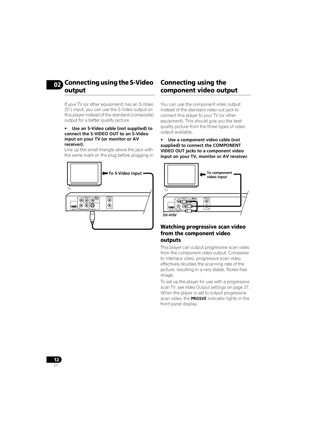 Pioneer DV-410V-K operating instructions Connecting using, Output Component video output, To S-Video input 