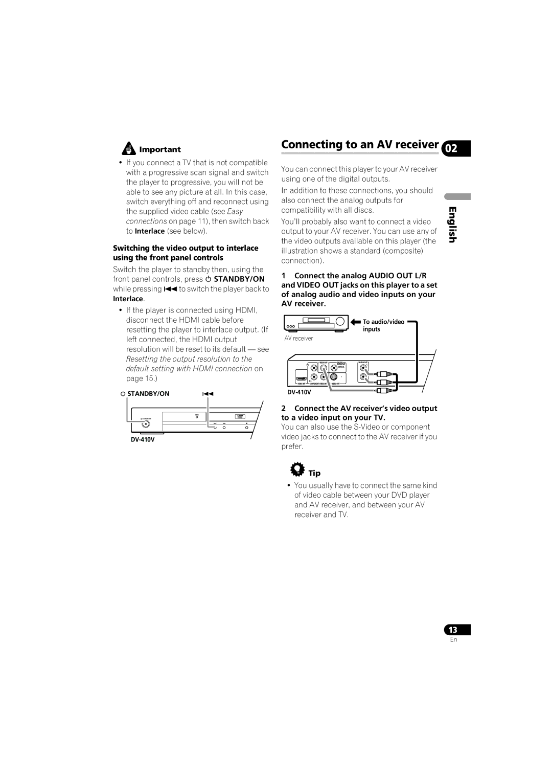 Pioneer DV-410V-K operating instructions Connecting to an AV receiver, Compatibility with all discs, Tip 