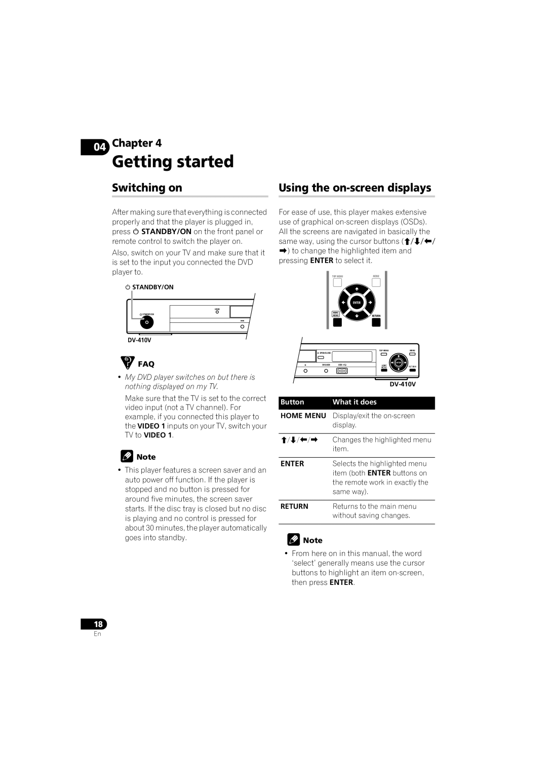 Pioneer DV-410V-K operating instructions Getting started, Switching on, Using the on-screen displays 