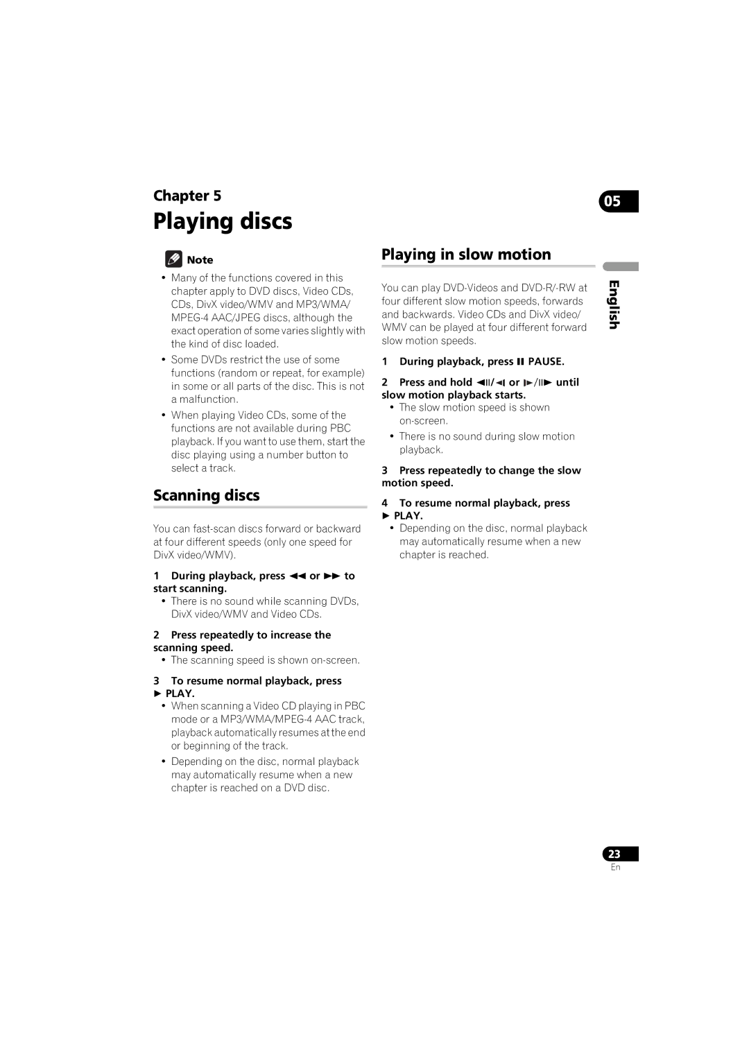 Pioneer DV-410V-K operating instructions Playing discs, Scanning discs, Playing in slow motion 