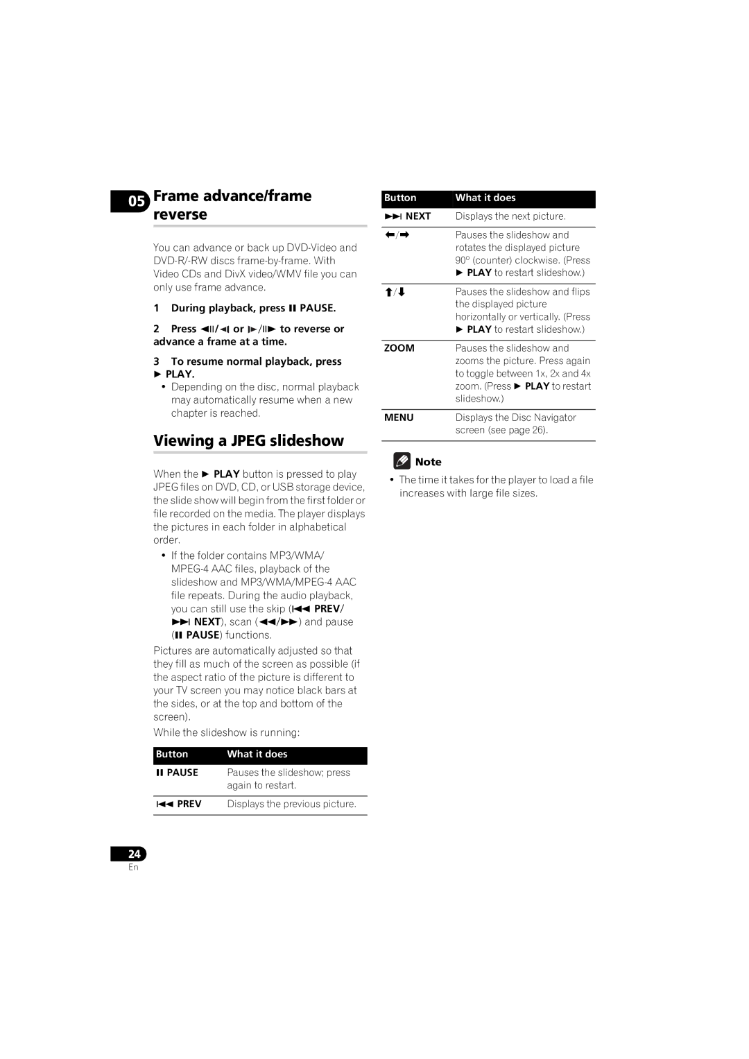 Pioneer DV-410V-K operating instructions Frame advance/frame reverse, Viewing a Jpeg slideshow, Zoom 