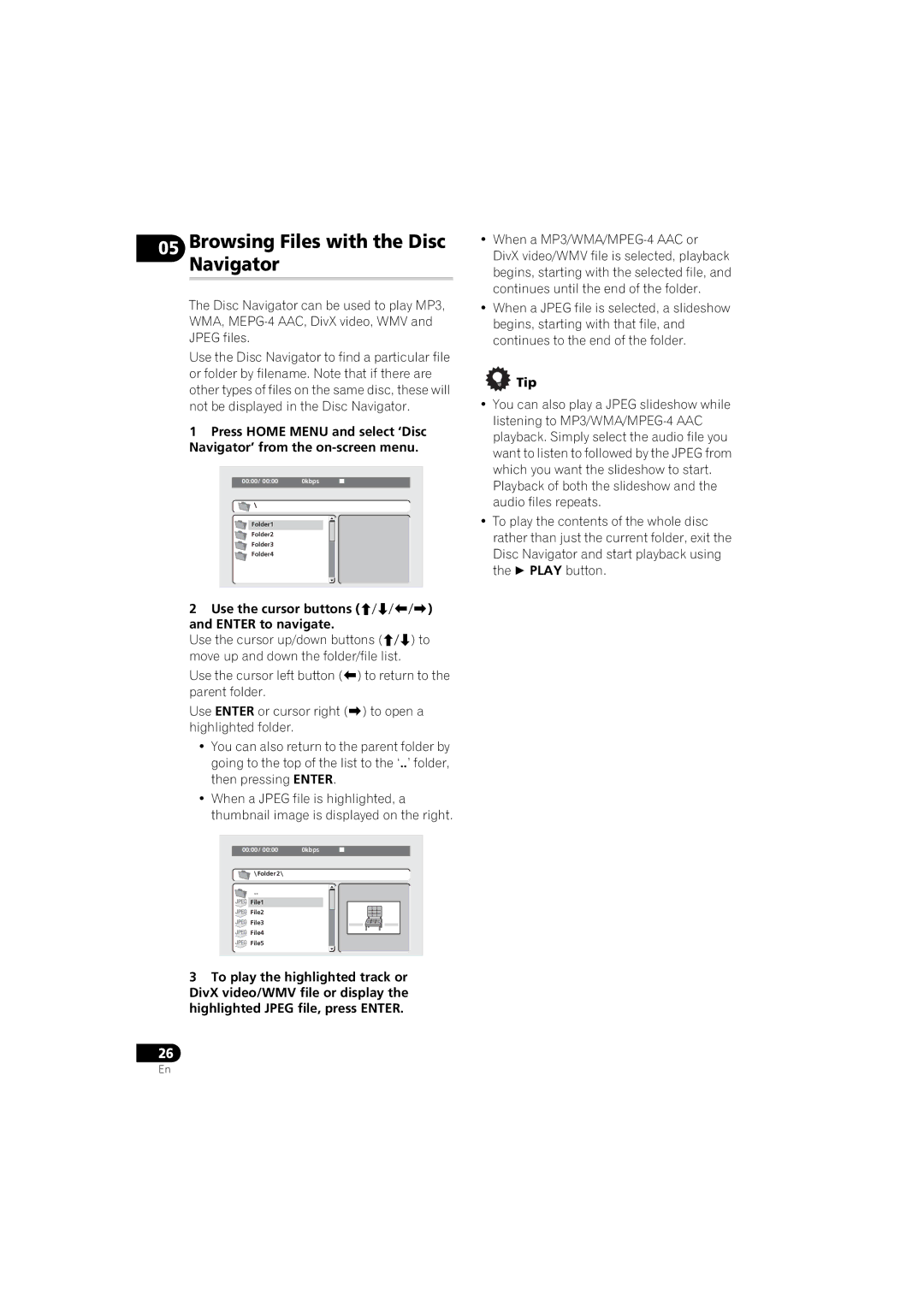 Pioneer DV-410V-K Browsing Files with the Disc Navigator, Use the cursor buttons /// Enter to navigate 