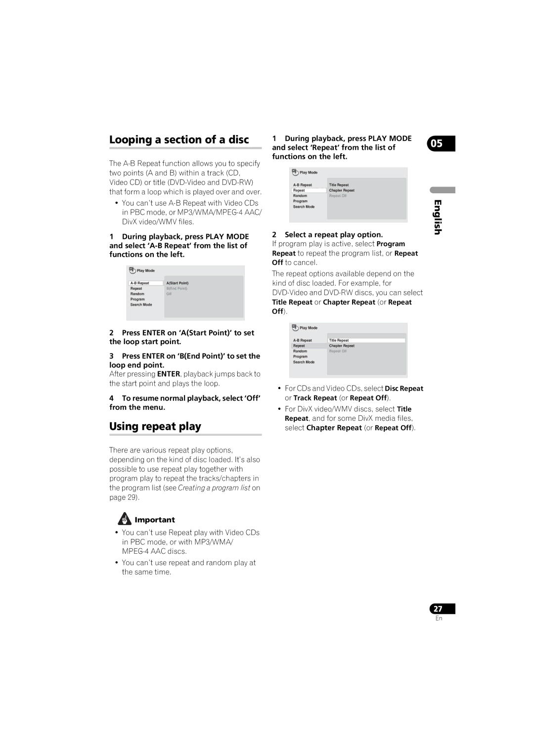 Pioneer DV-410V-K Looping a section of a disc, Using repeat play, To resume normal playback, select ‘Off’ from the menu 