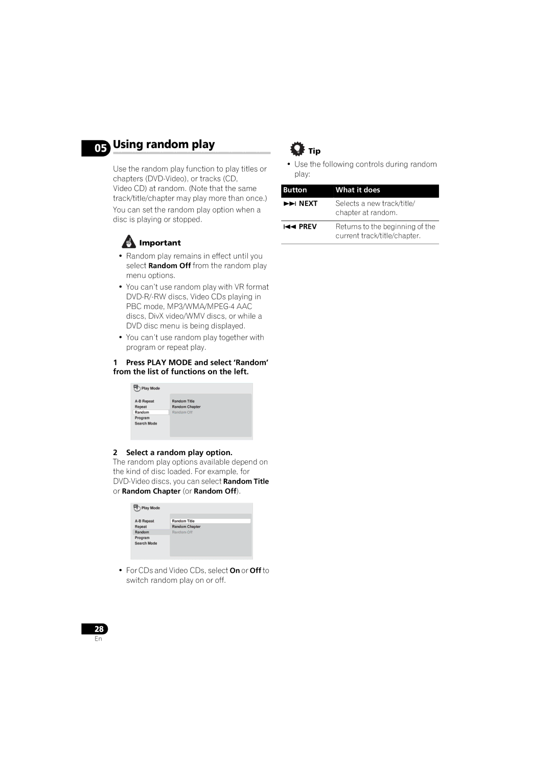 Pioneer DV-410V-K Using random play, Select a random play option, Use the following controls during random play 