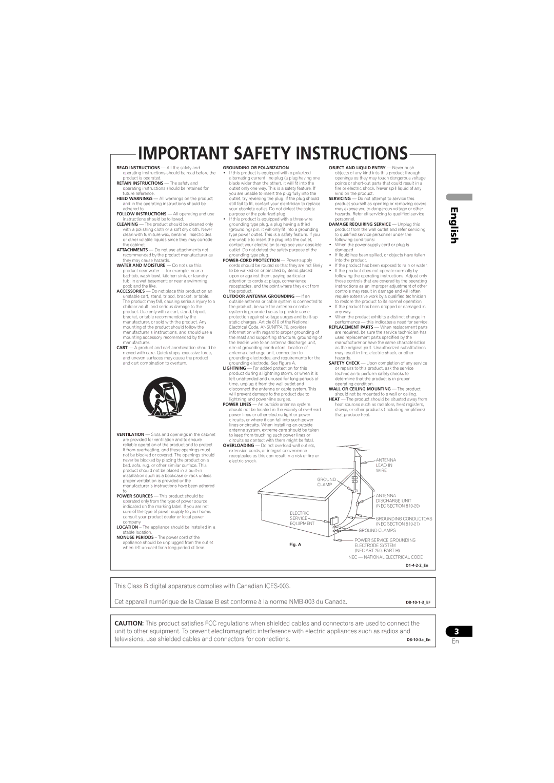 Pioneer DV-410V-K operating instructions English, Grounding or Polarization 