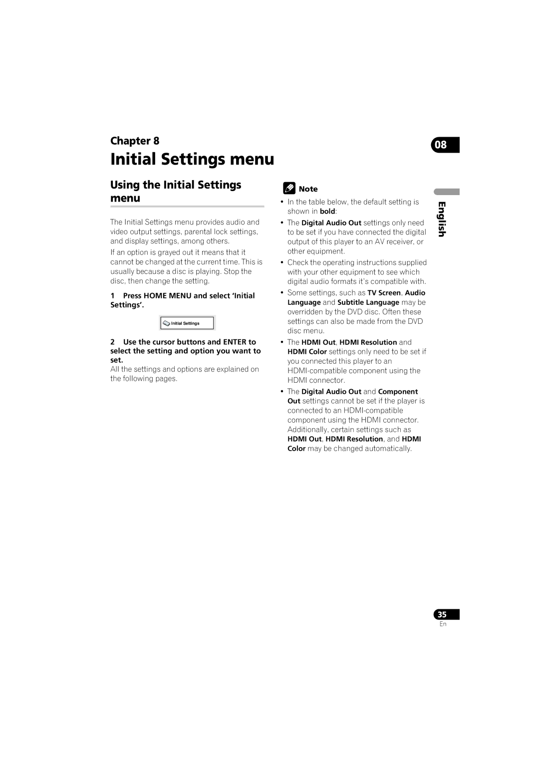 Pioneer DV-410V-K operating instructions Using the Initial Settings menu 