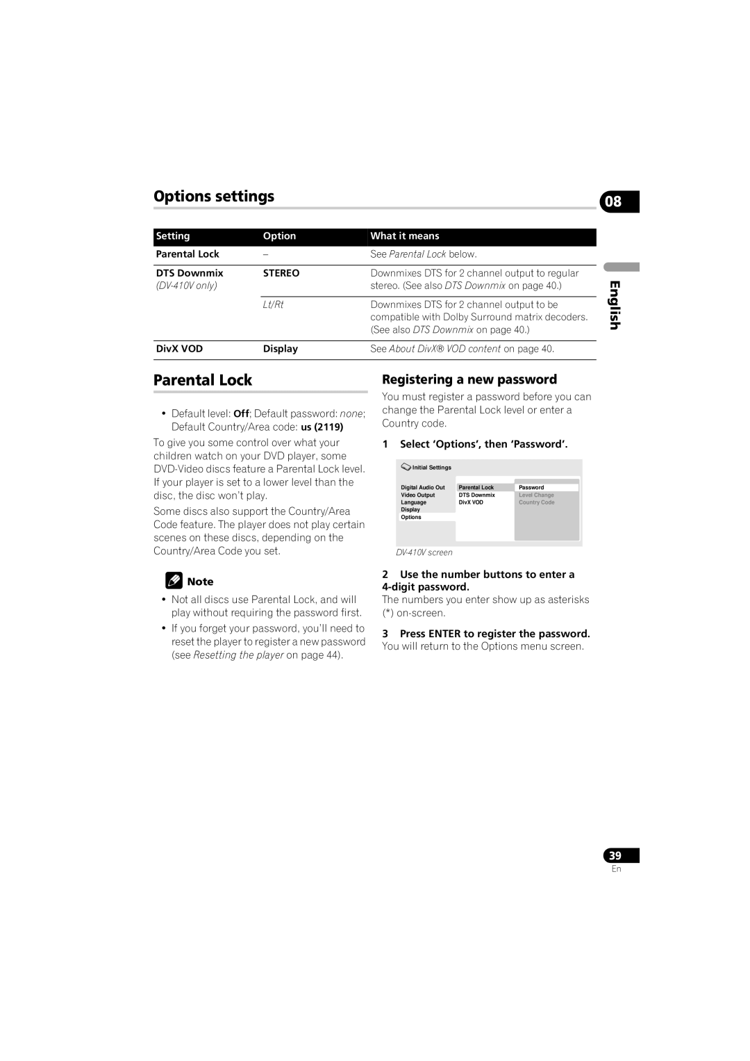 Pioneer DV-410V-K operating instructions Options settings, Parental Lock, Registering a new password, Stereo 