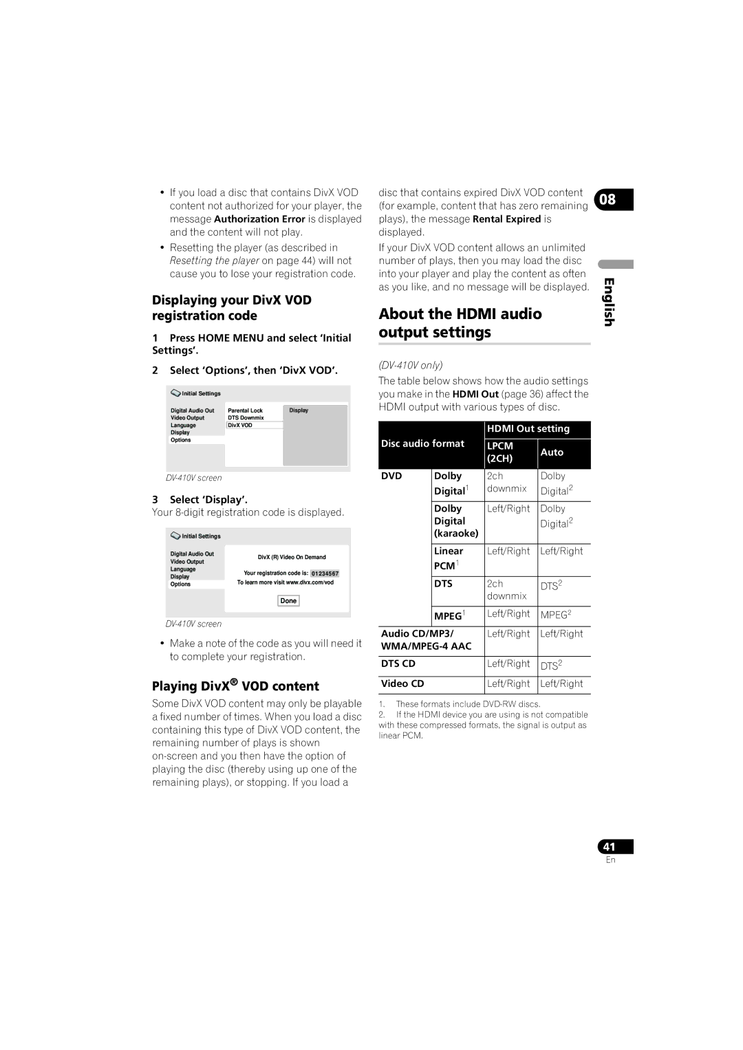 Pioneer DV-410V-K operating instructions About the Hdmi audio Output settings, Displaying your DivX VOD registration code 