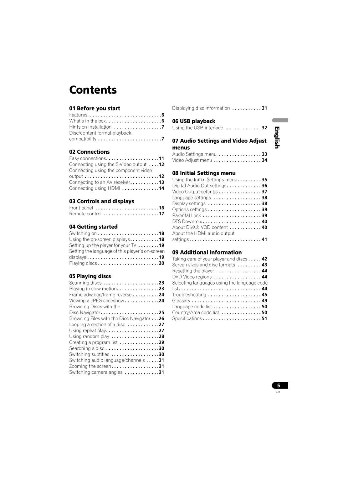 Pioneer DV-410V-K operating instructions Contents 