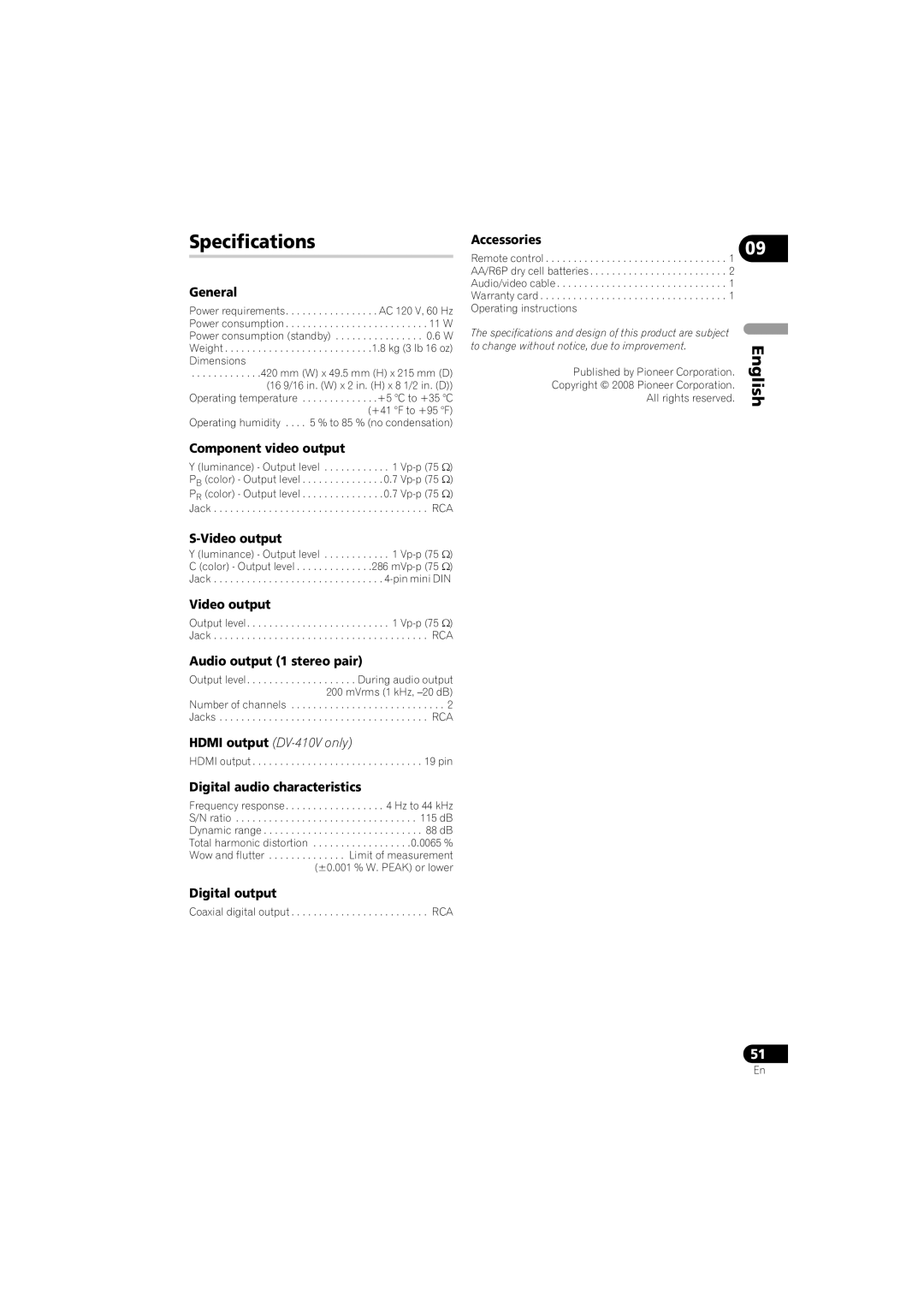 Pioneer DV-410V-K operating instructions Specifications 