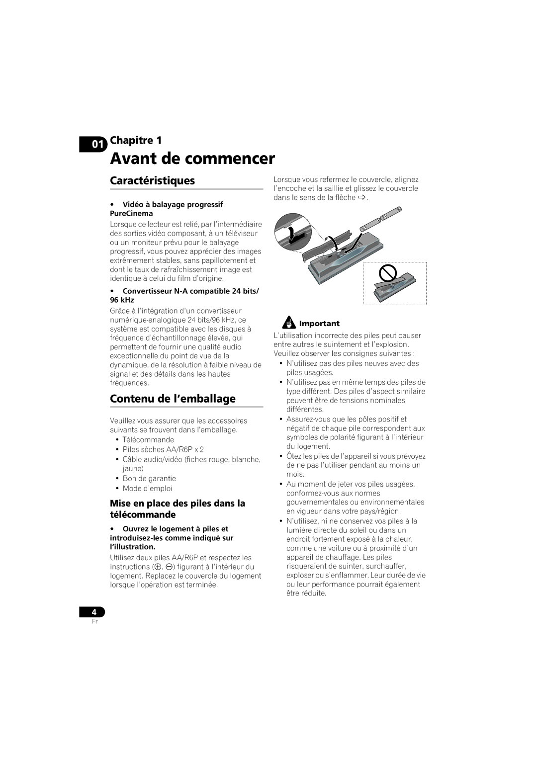 Pioneer DV-410V-K operating instructions Avant de commencer, Caractéristiques, Contenu de l’emballage 