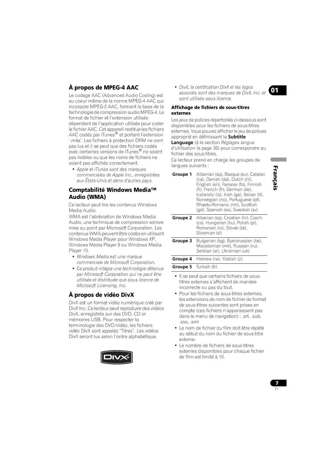 Pioneer DV-410V-K operating instructions Propos de MPEG-4 AAC, Comptabilité Windows Media Audio WMA, Propos de vidéo DivX 