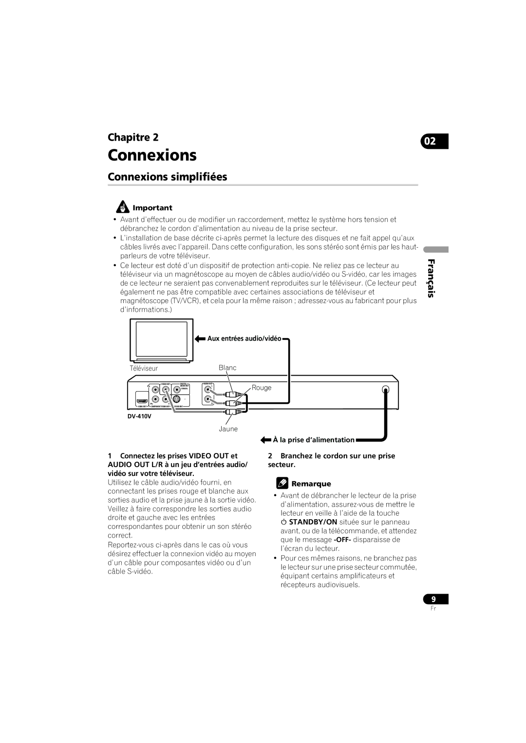 Pioneer DV-410V-K operating instructions Connexions simplifiées, Aux entrées audio/vidéo, La prise d’alimentation 