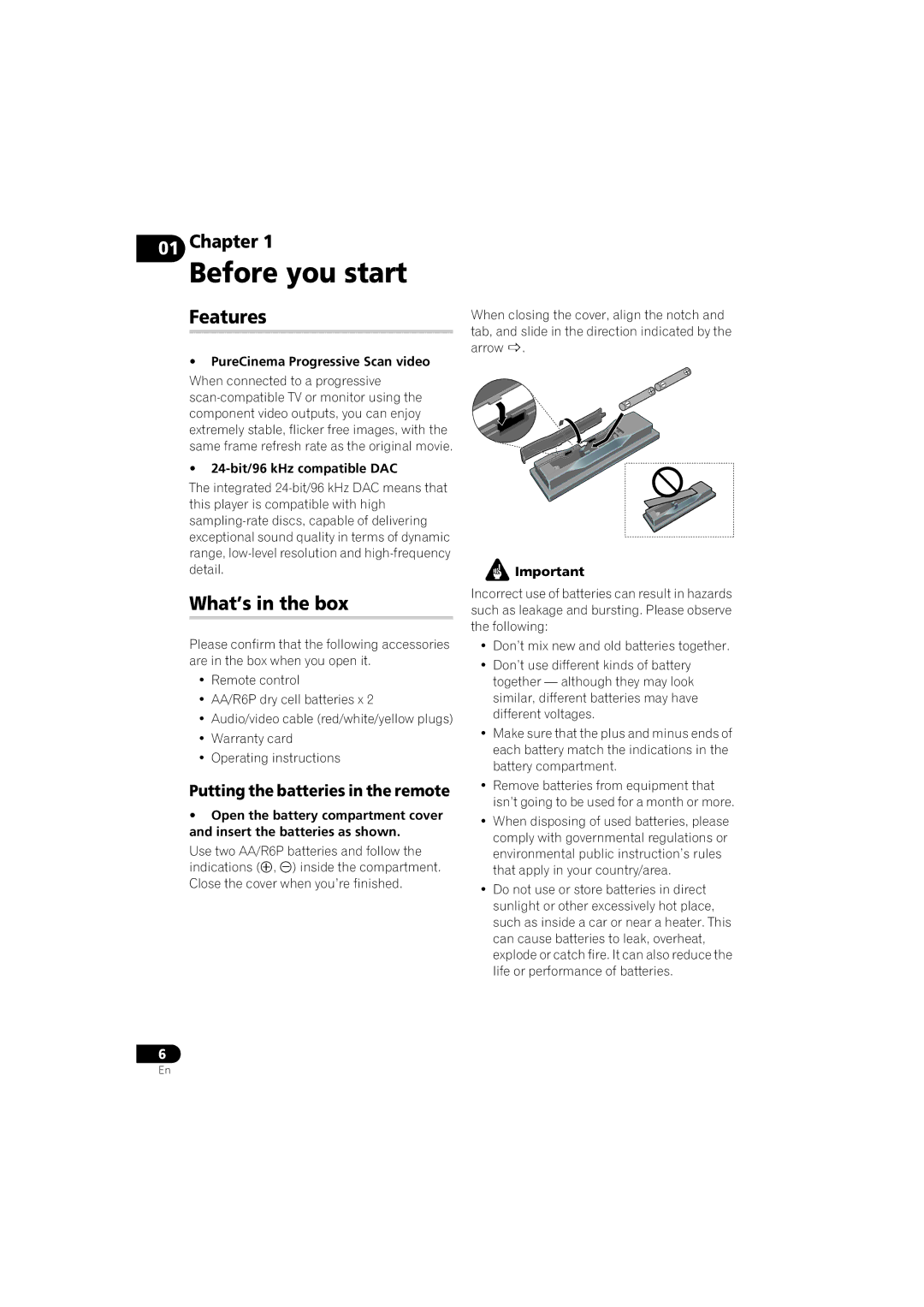 Pioneer DV-410V-K operating instructions Before you start, Features, What’s in the box, Putting the batteries in the remote 