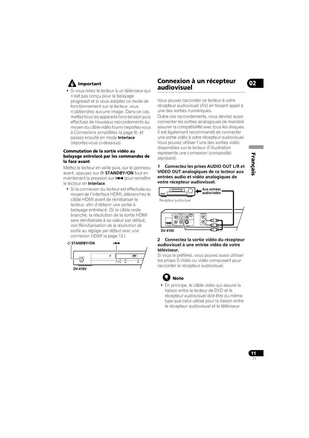 Pioneer DV-410V-K operating instructions Connexion à un récepteur Audiovisuel 