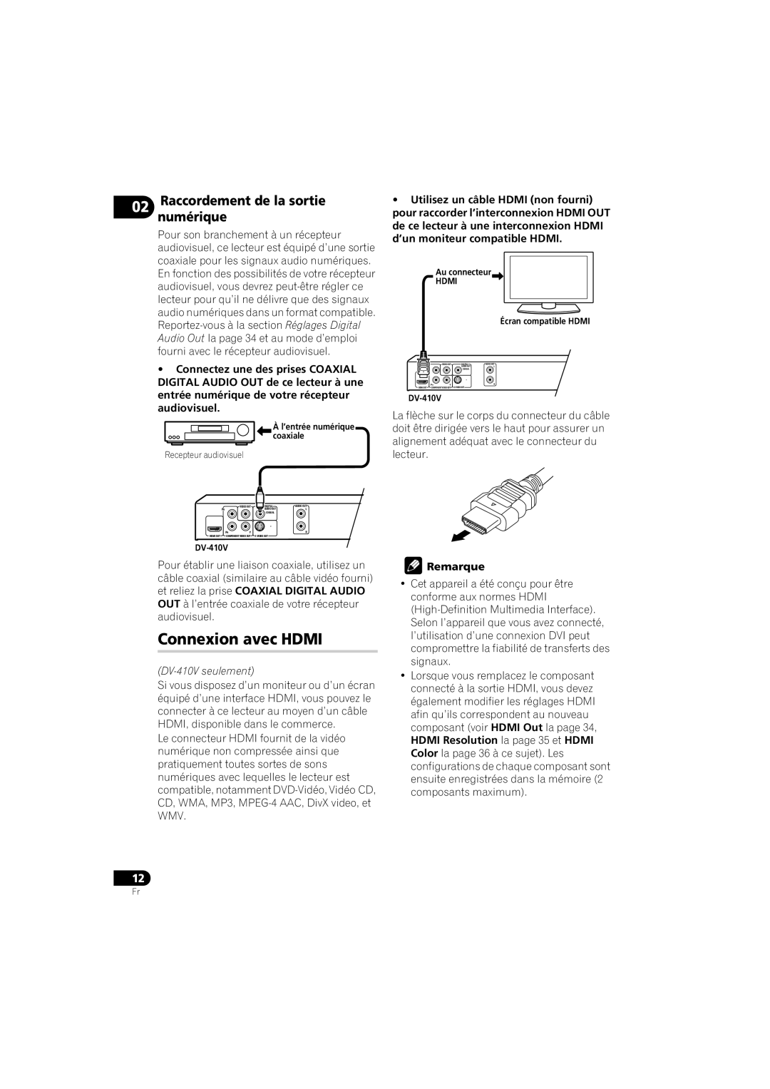 Pioneer DV-410V-K operating instructions Connexion avec Hdmi, 02 numériqueRaccordement de la sortie 