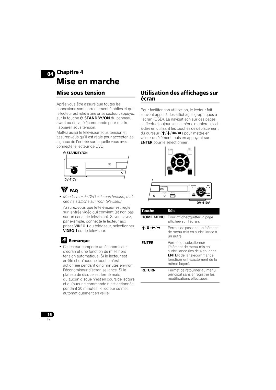 Pioneer DV-410V-K Mise en marche, Mise sous tension, Utilisation des affichages sur écran, Touche Rôle 