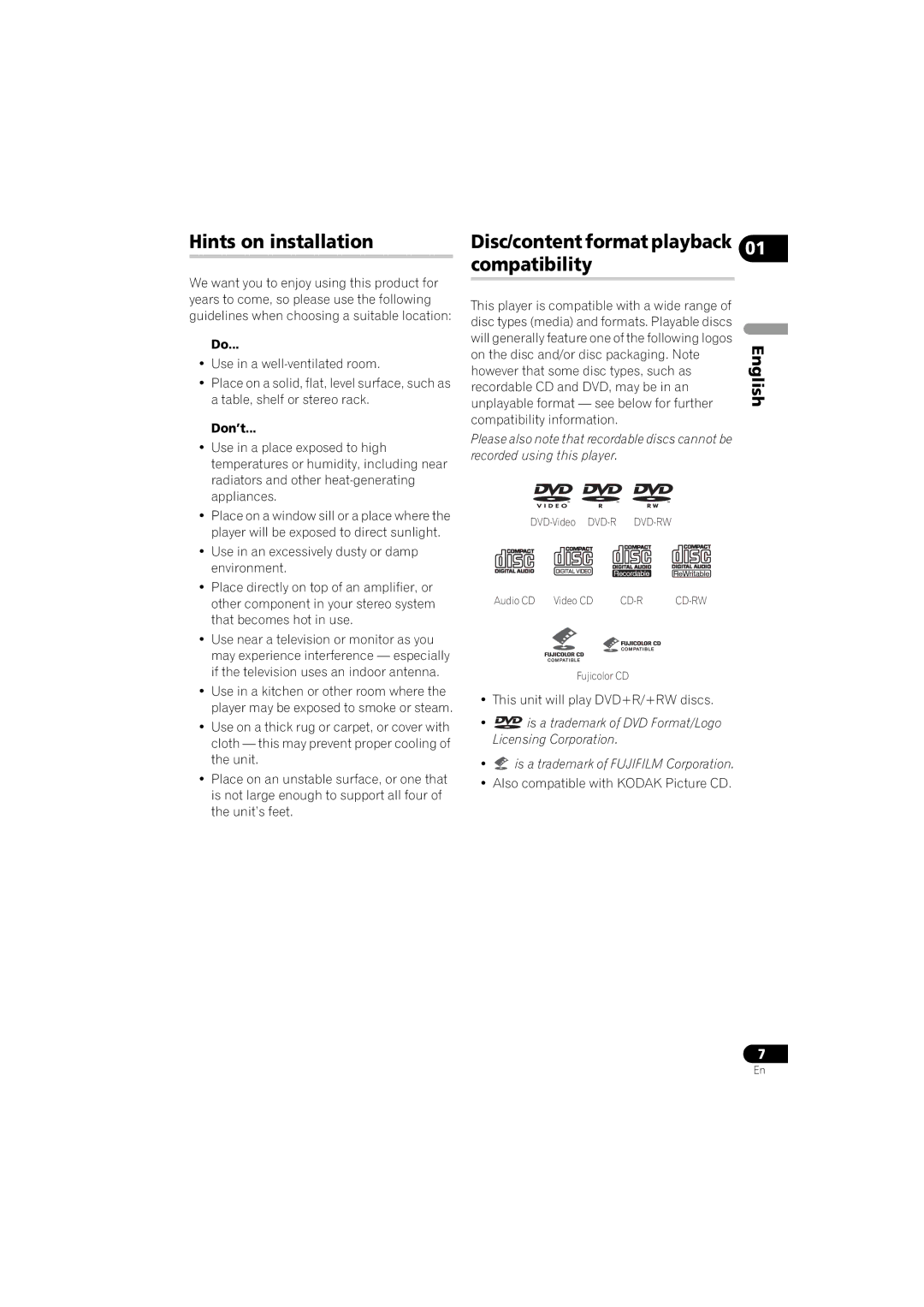 Pioneer DV-410V-K operating instructions Hints on installation, Disc/content format playback 01 compatibility, Don’t 