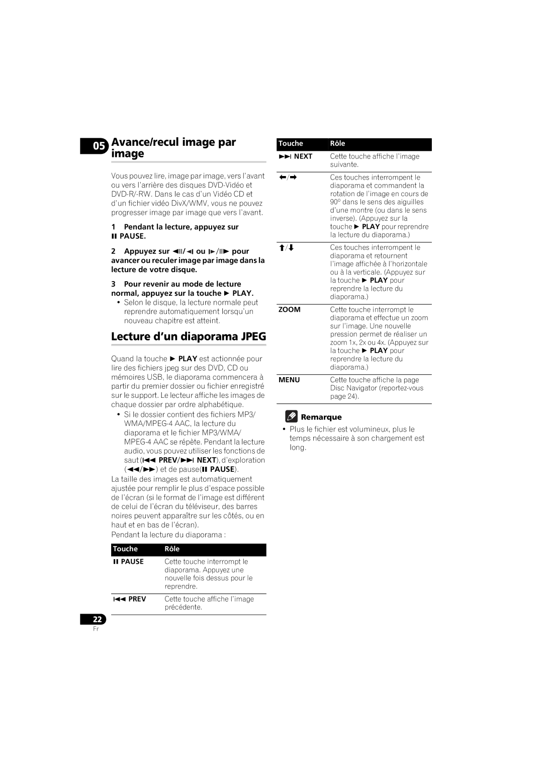 Pioneer DV-410V-K operating instructions Avance/reculimage image par, Lecture d’un diaporama Jpeg 