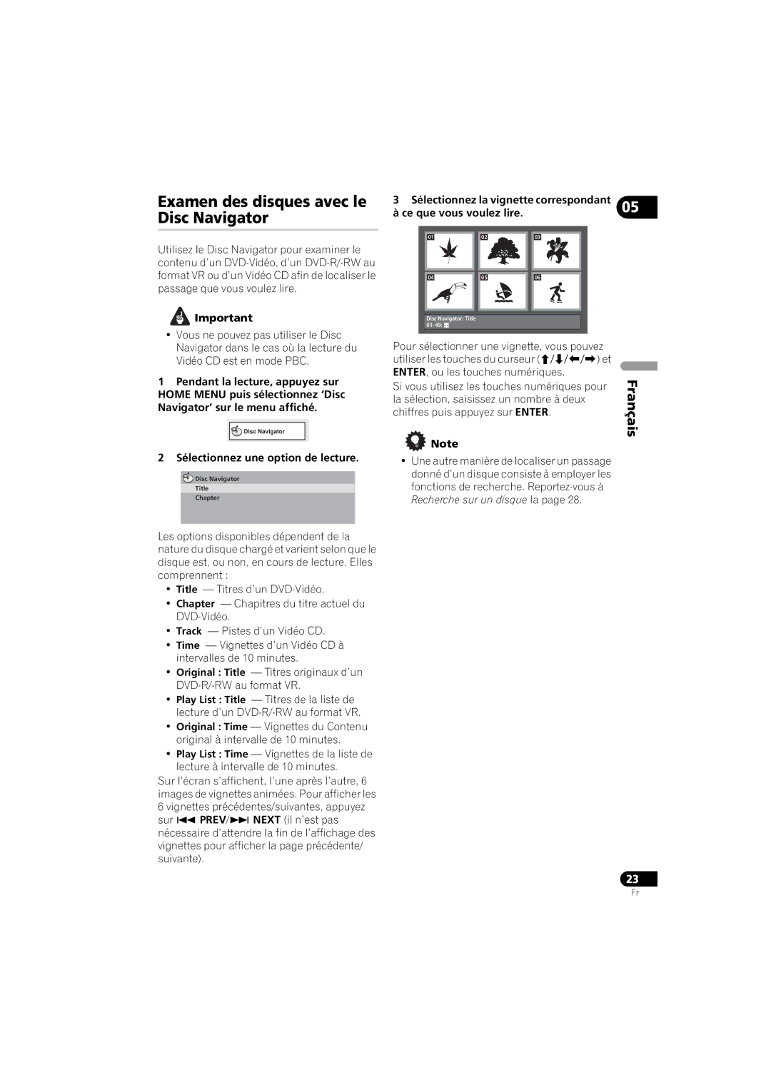 Pioneer DV-410V-K operating instructions Examen des disques avec le Disc Navigator, Sélectionnez une option de lecture 