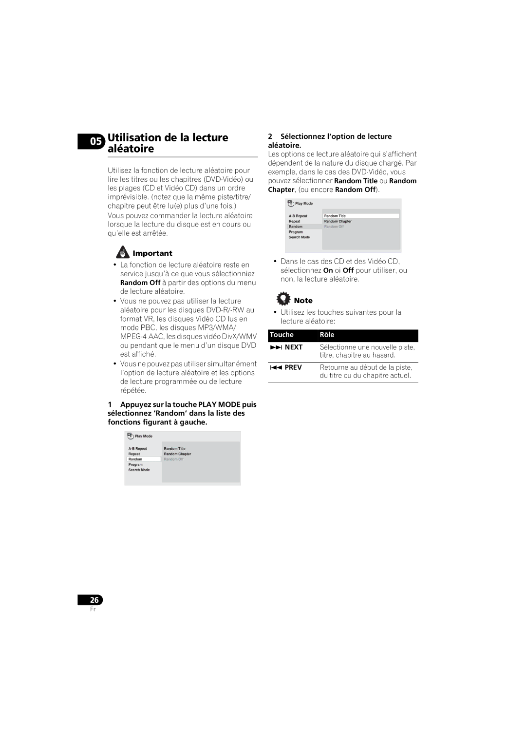 Pioneer DV-410V-K operating instructions Utilisationaléatoire de la lecture, Sélectionnez l’option de lecture aléatoire 