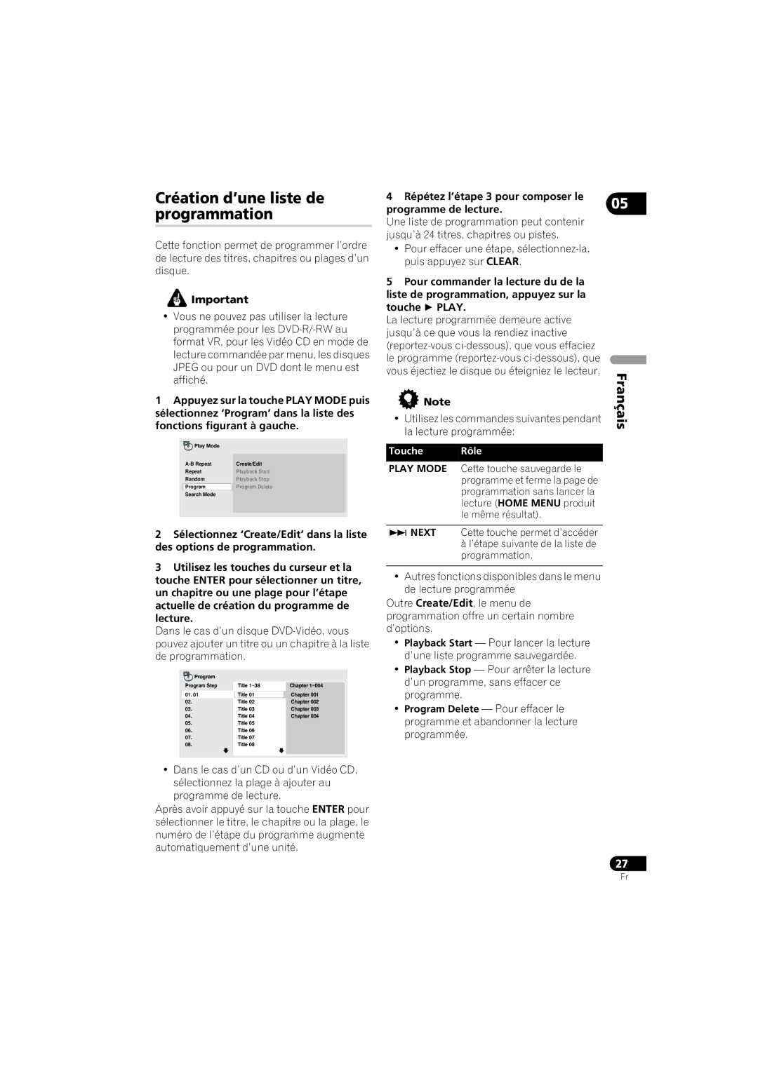 Pioneer DV-410V-K operating instructions Création d’une liste de programmation 