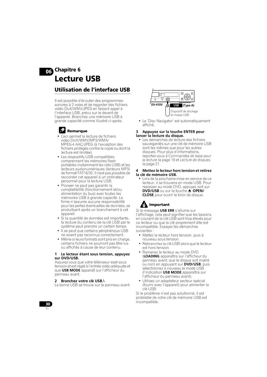 Pioneer DV-410V-K Lecture USB, Utilisation de l’interface USB, Le lecteur étant sous tension, appuyez sur DVD/USB 