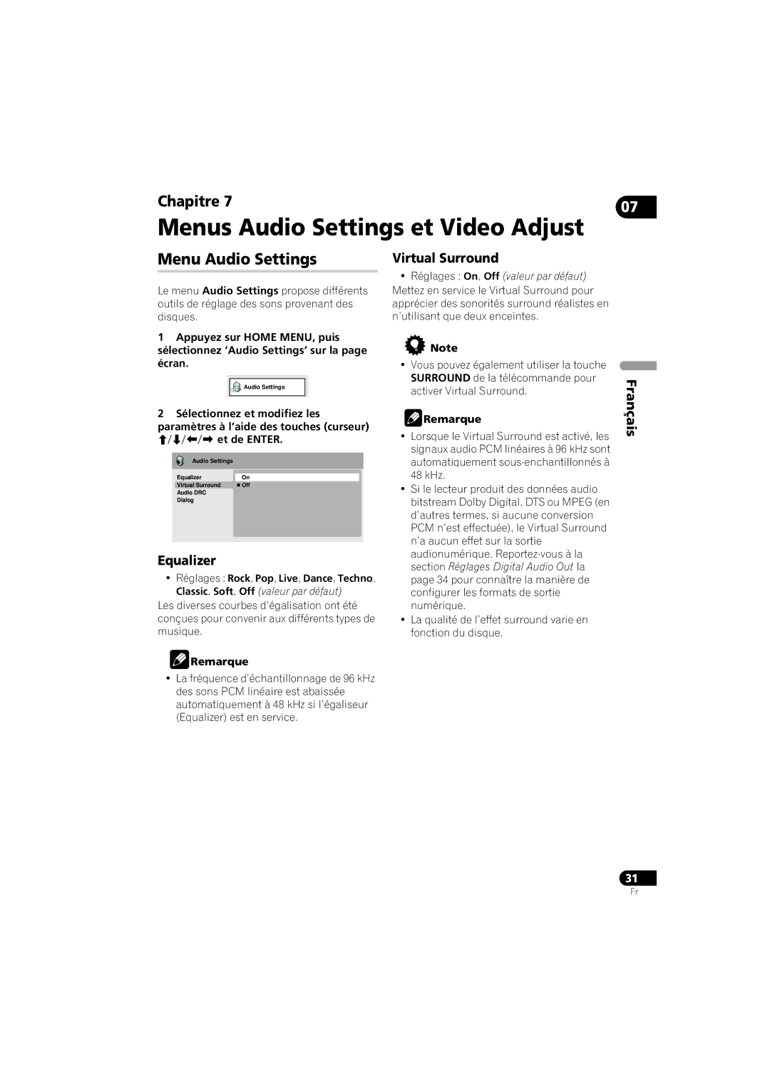 Pioneer DV-410V-K operating instructions Menus Audio Settings et Video Adjust, Menu Audio Settings 