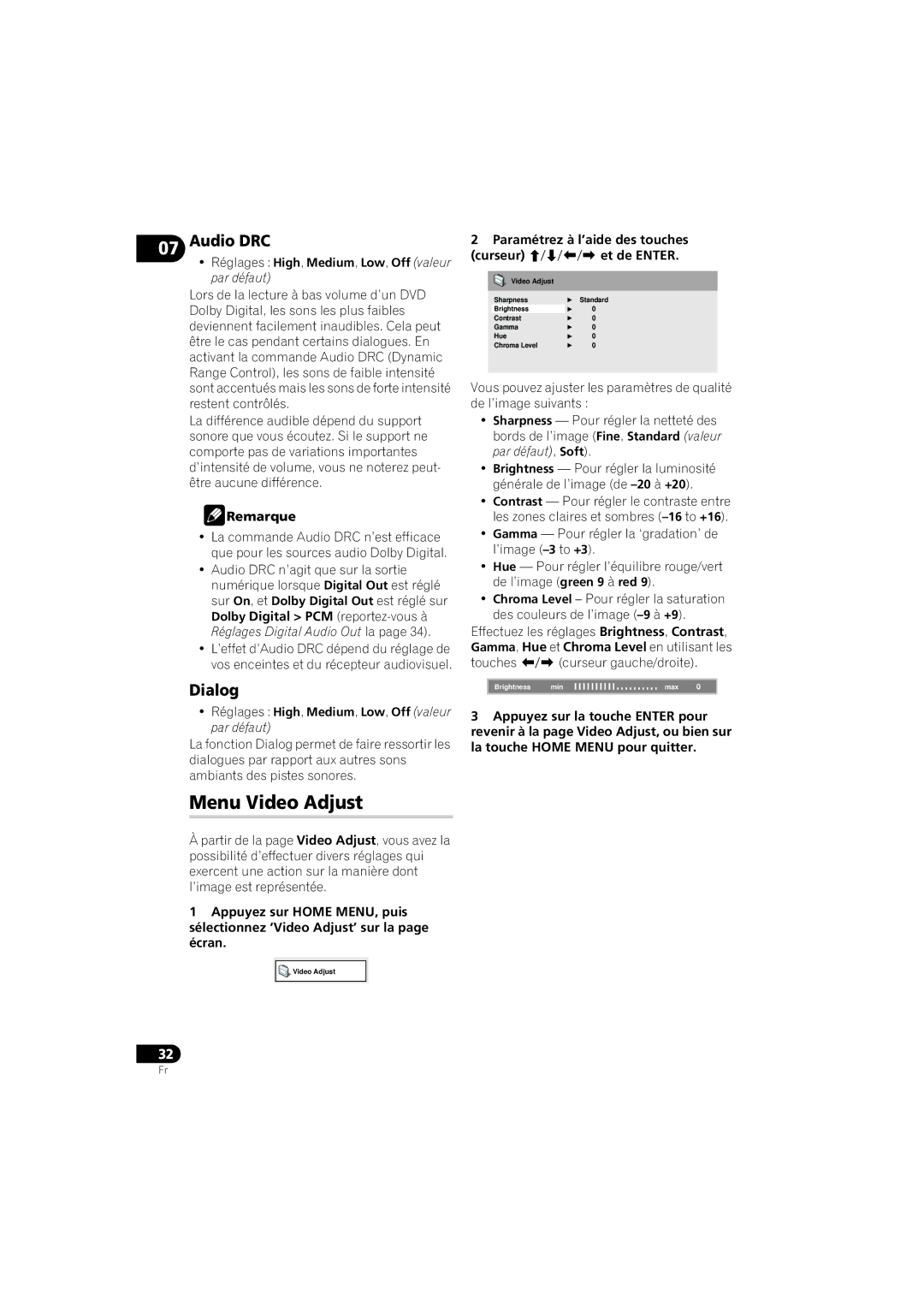 Pioneer DV-410V-K operating instructions Menu Video Adjust, Audio DRC 