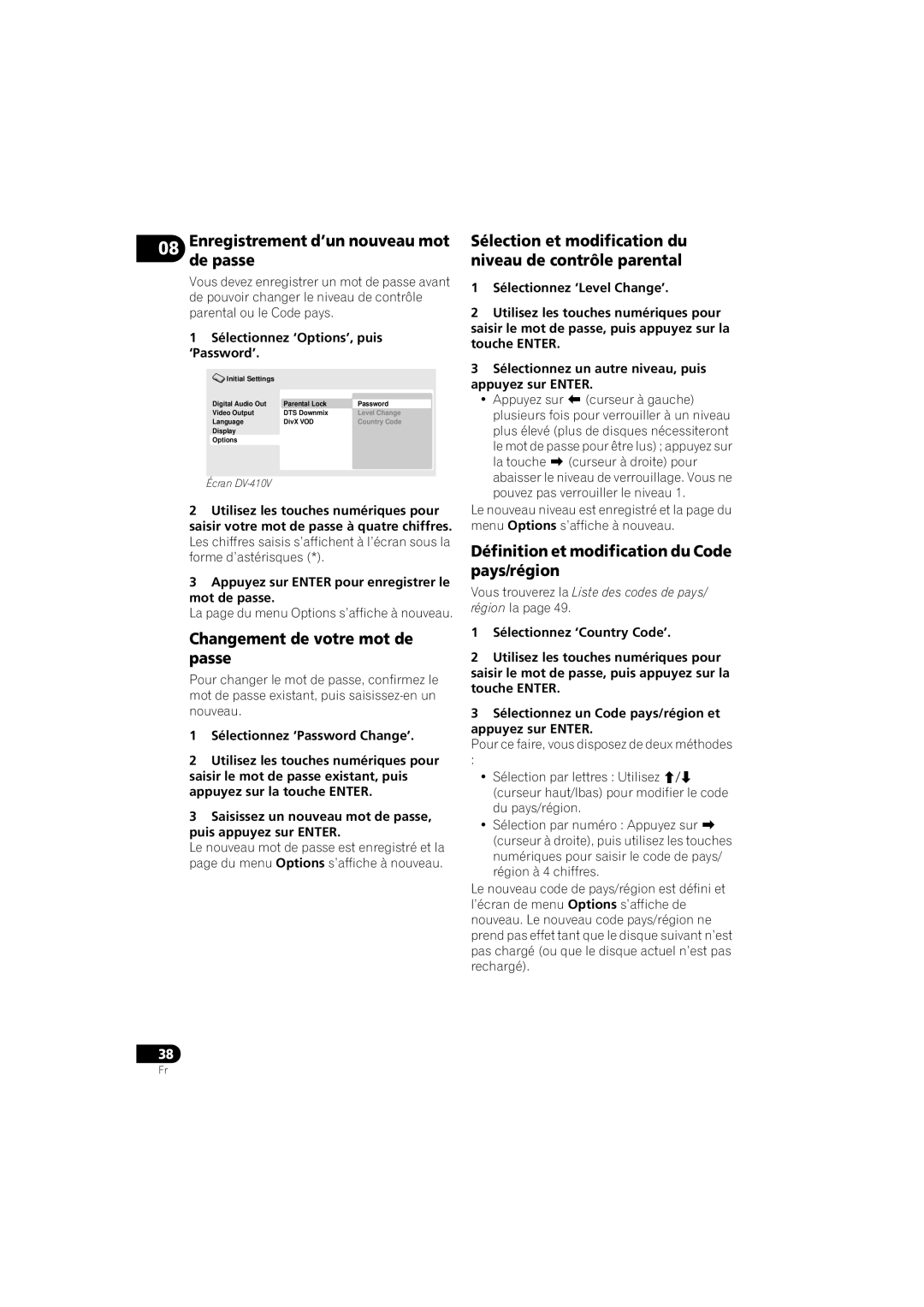 Pioneer DV-410V-K operating instructions Enregistrement d’un nouveau mot de passe, Changement de votre mot de passe 